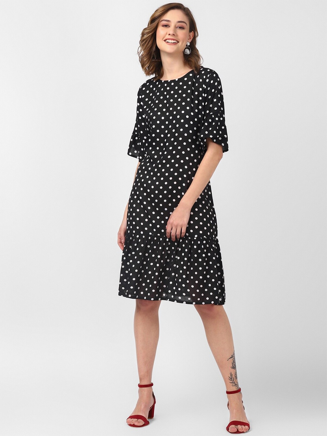 

UrbanMark Polka Dots Printed Ruffles Bell Sleeve Fit and Flare Dress, Black