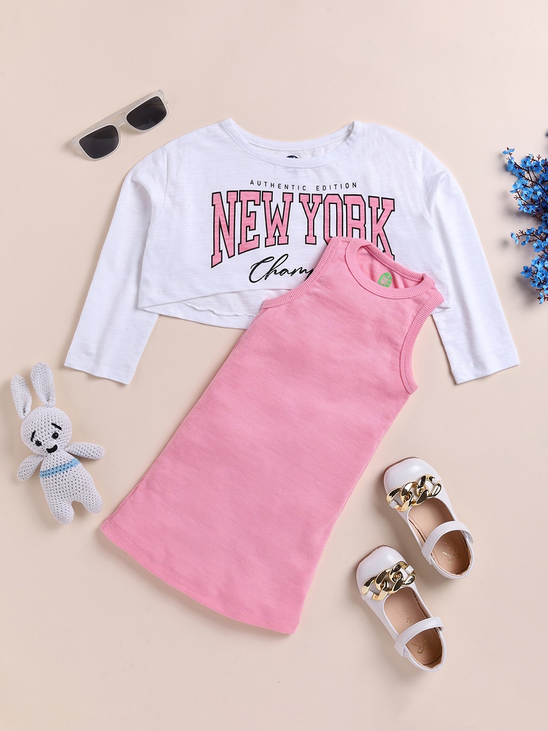 

YK Girls Typography Printed A-Line Dress With Crop T-shirt, Pink