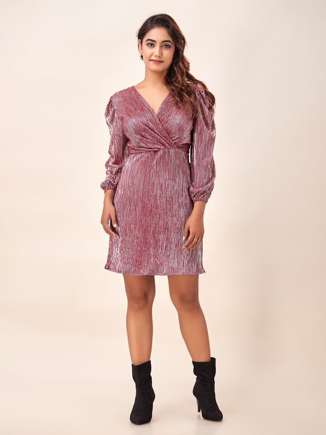 

SVARCHI Self Design V-Neck Puff Sleeve Sheen Wrap Dress, Mauve