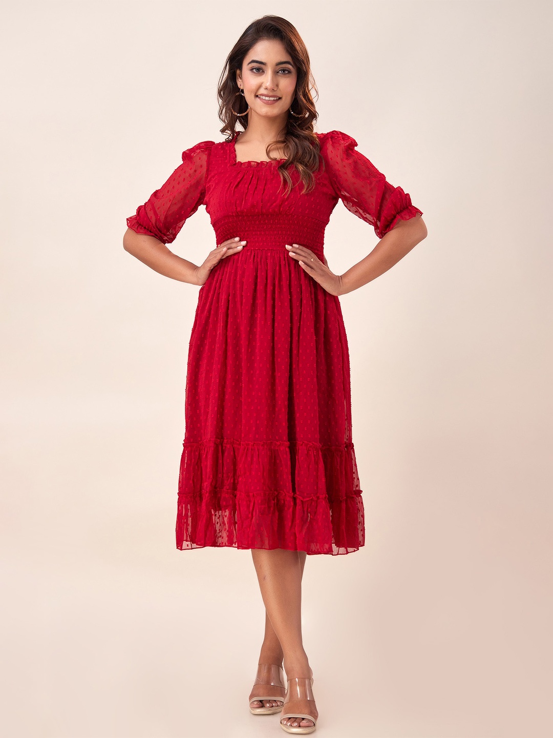 

SVARCHI Self Design Square Neck Puff Sleeve Smocked & Ruffled Chiffon Tiered Empire Dress, Maroon