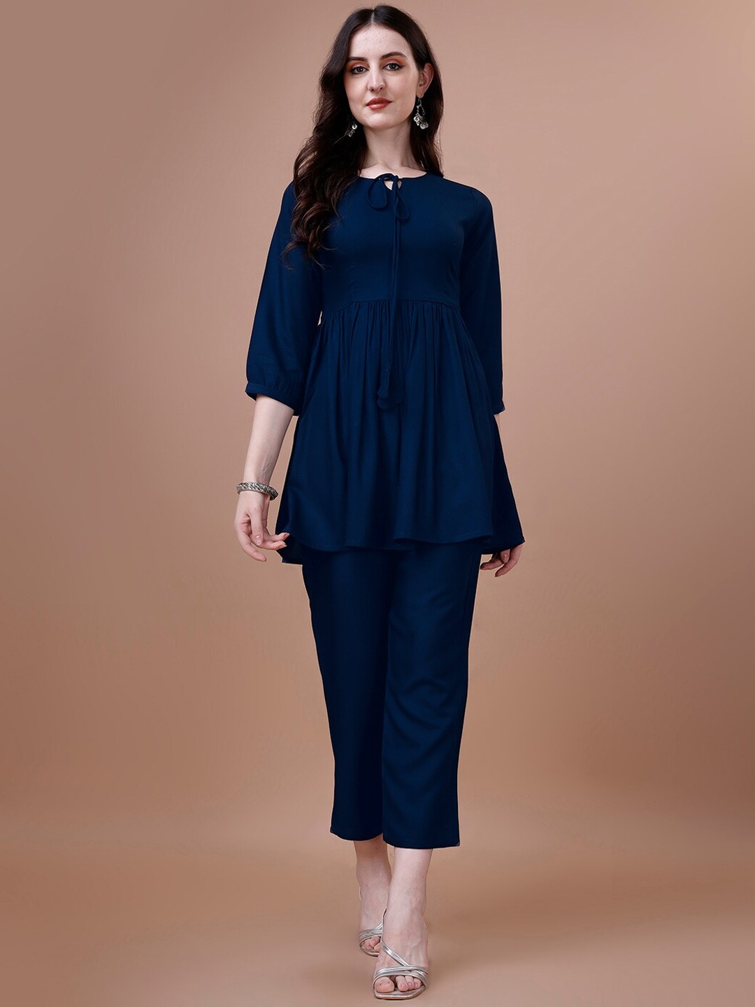 

KALINI Tie-Up Neck Empire Kurti With Trousers, Blue