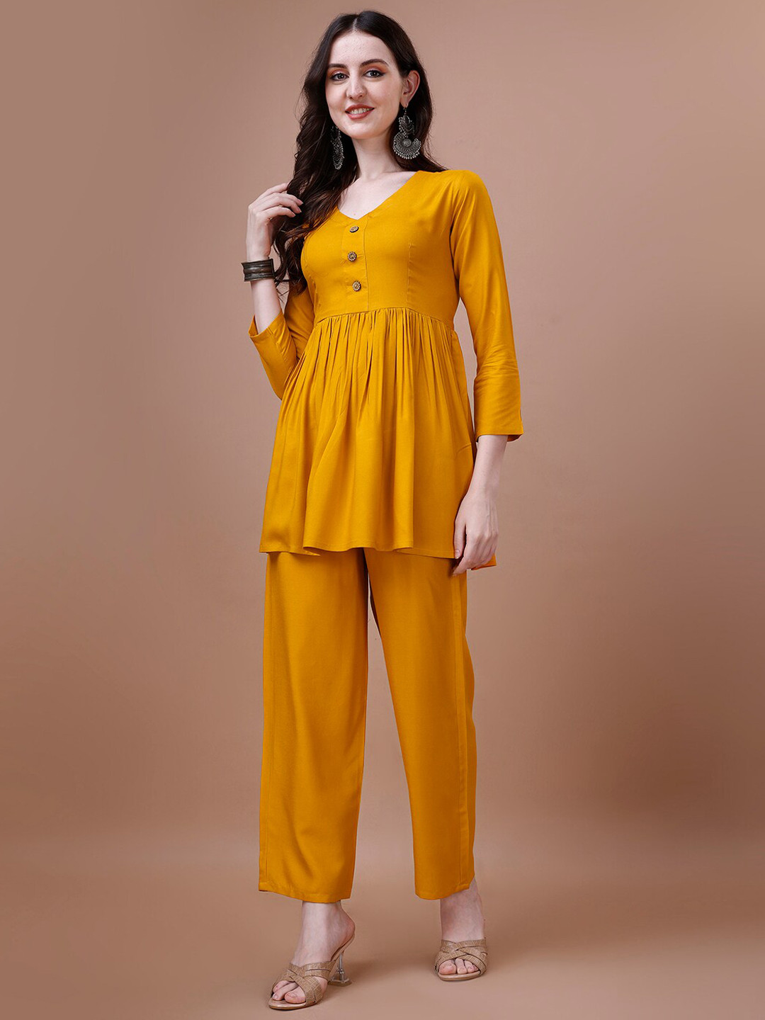 

KALINI V-Neck Empire Kurta With Trousers, Yellow