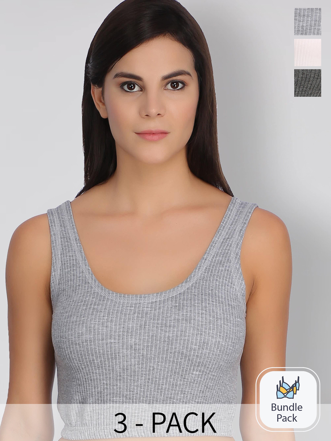 

SELFCARE Pack Of 3 Cotton Breathable Crop Thermal Tops, Grey