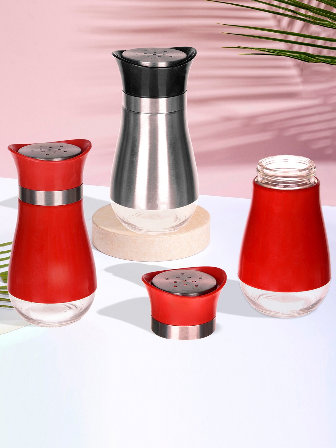 

Kuber Industries Red & White 3 Pieces Stainless Steel Salt & Pepper Shaker