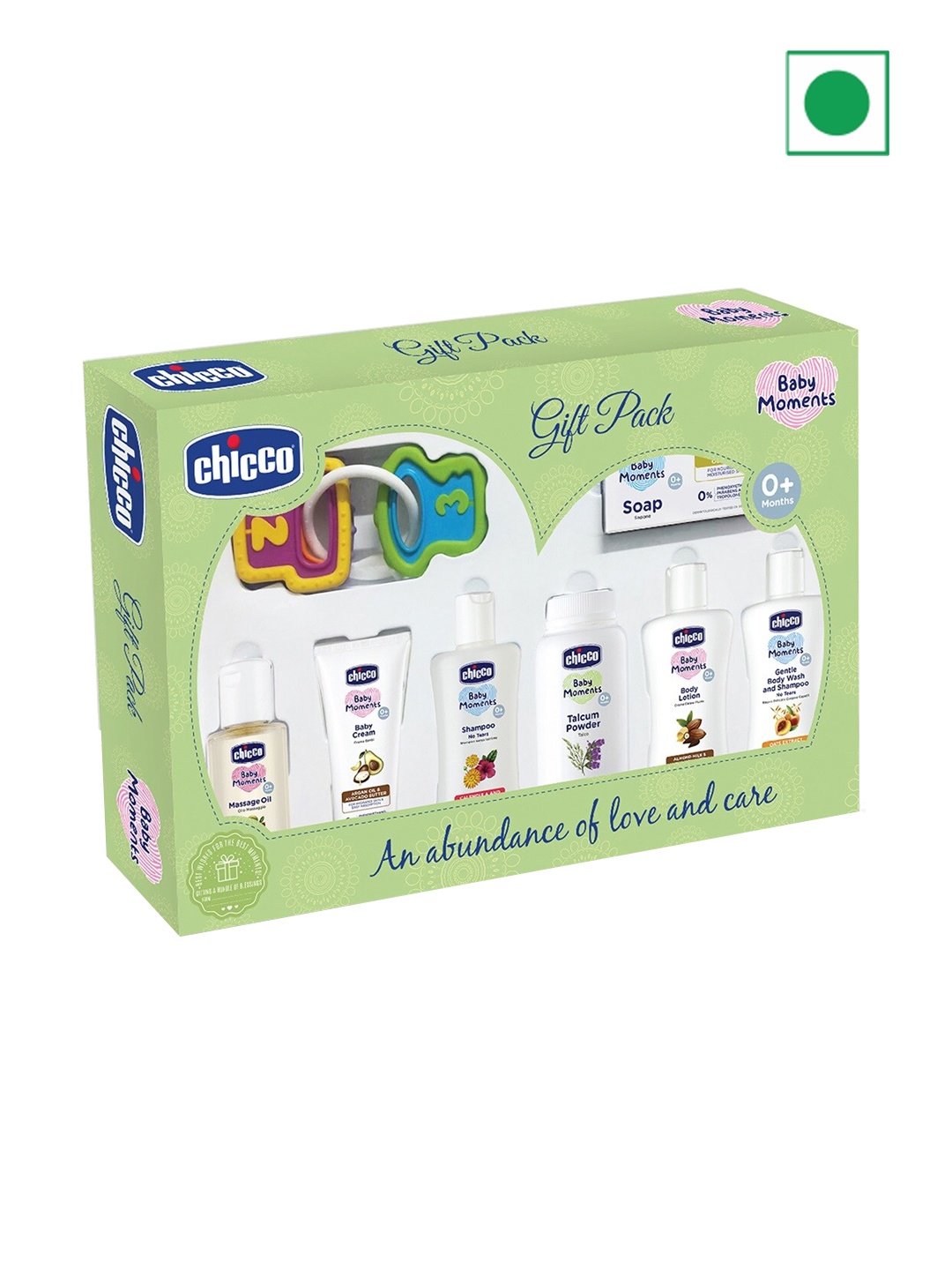 

Chicco Set Of 8 Shampoo-Body Lotion-Oil50mlEach-Soap-Talcum Powder 75g Each-Cream-50g-Keys, Green