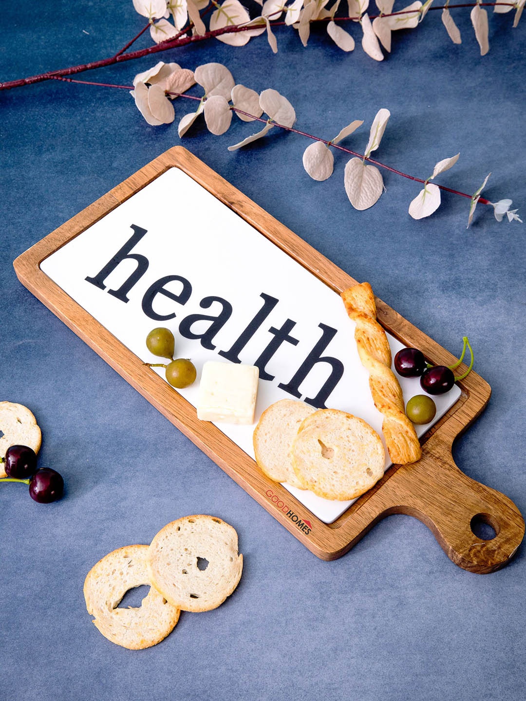 

GOODHOMES White & Brown Printed Porcelain Platter With Wooden Base