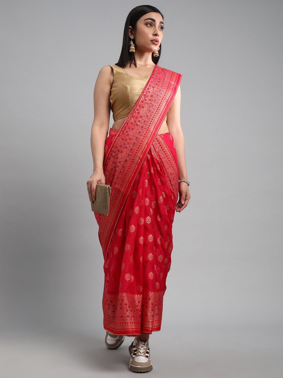 

Mitera Ethnic Motifs Woven Design Zari Organza Saree, Red