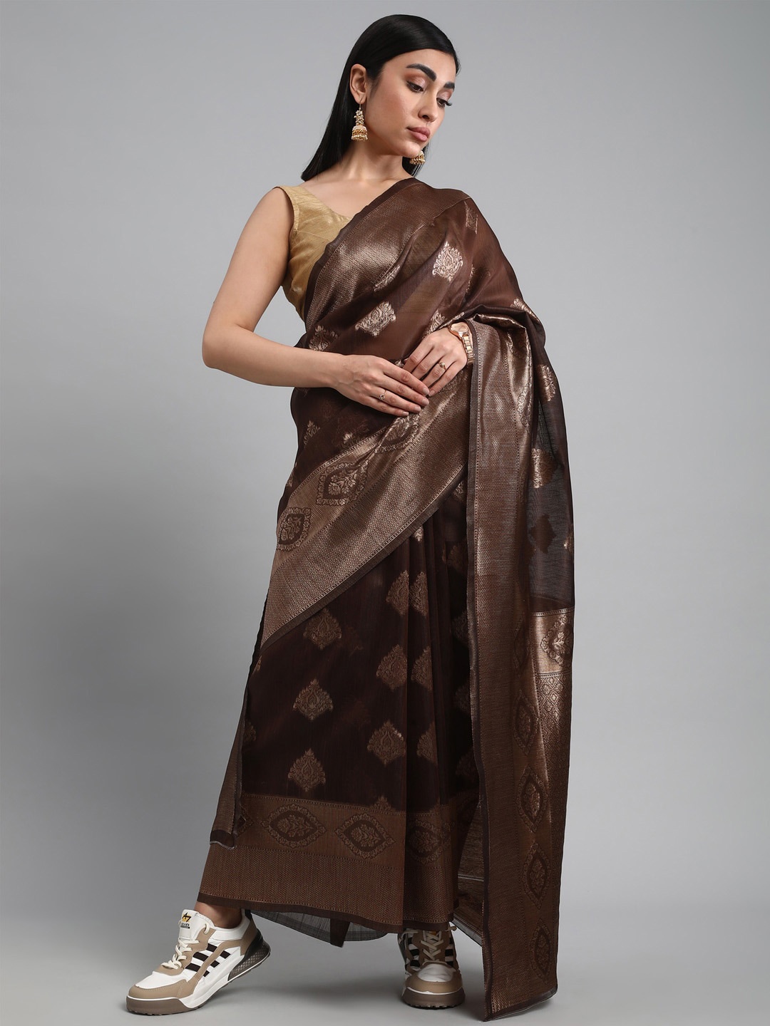 

Mitera Ethnic Motifs Woven Design Zari Pure Linen Saree, Brown