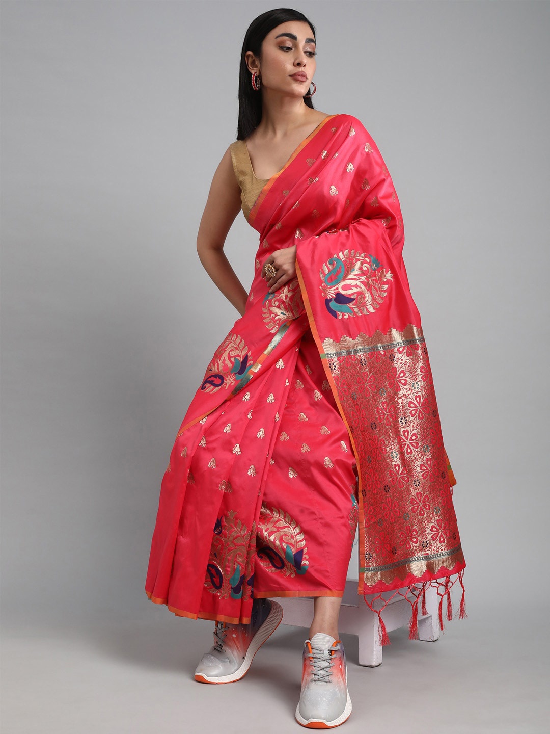 

Mitera Woven Design Zari Silk Blend Banarasi Saree, Pink