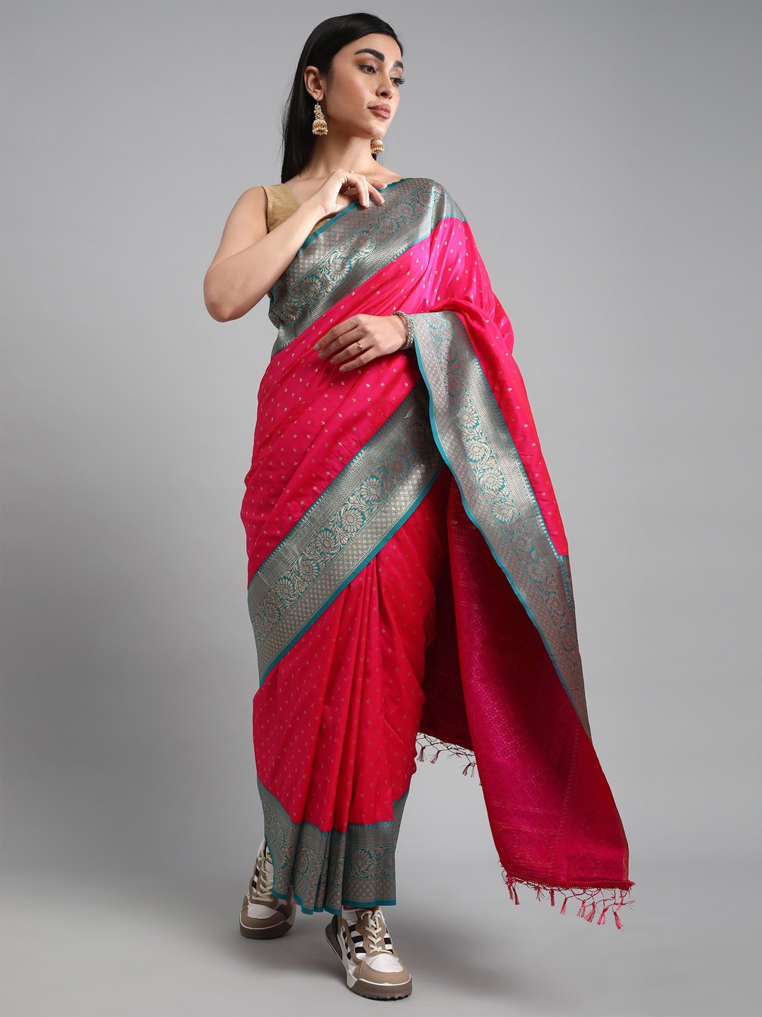 

Mitera Pink & Blue Ethnic Motifs Woven Design Zari Banarasi Saree