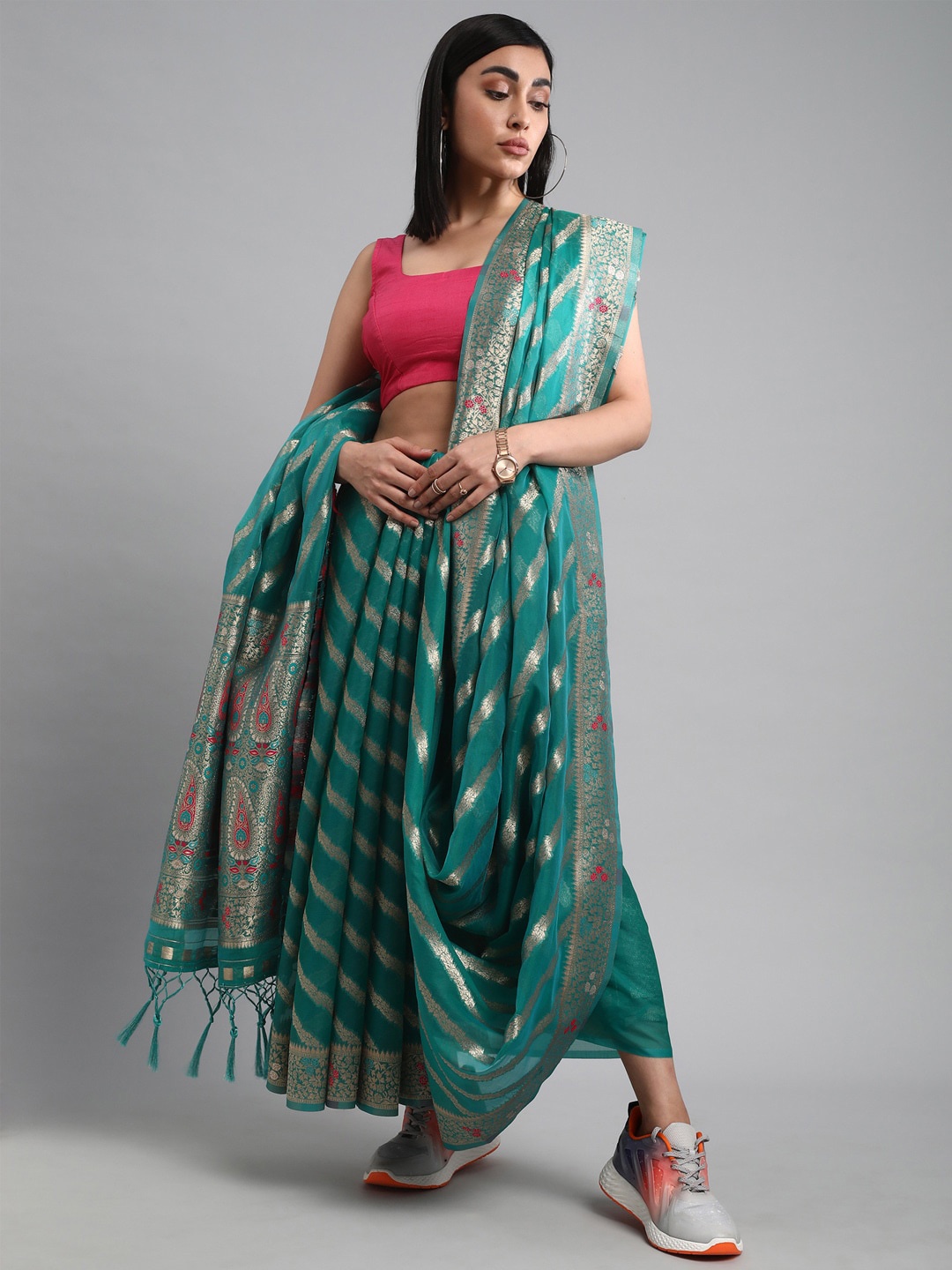 

Mitera Woven Design Zari Organza Leheriya Saree, Teal