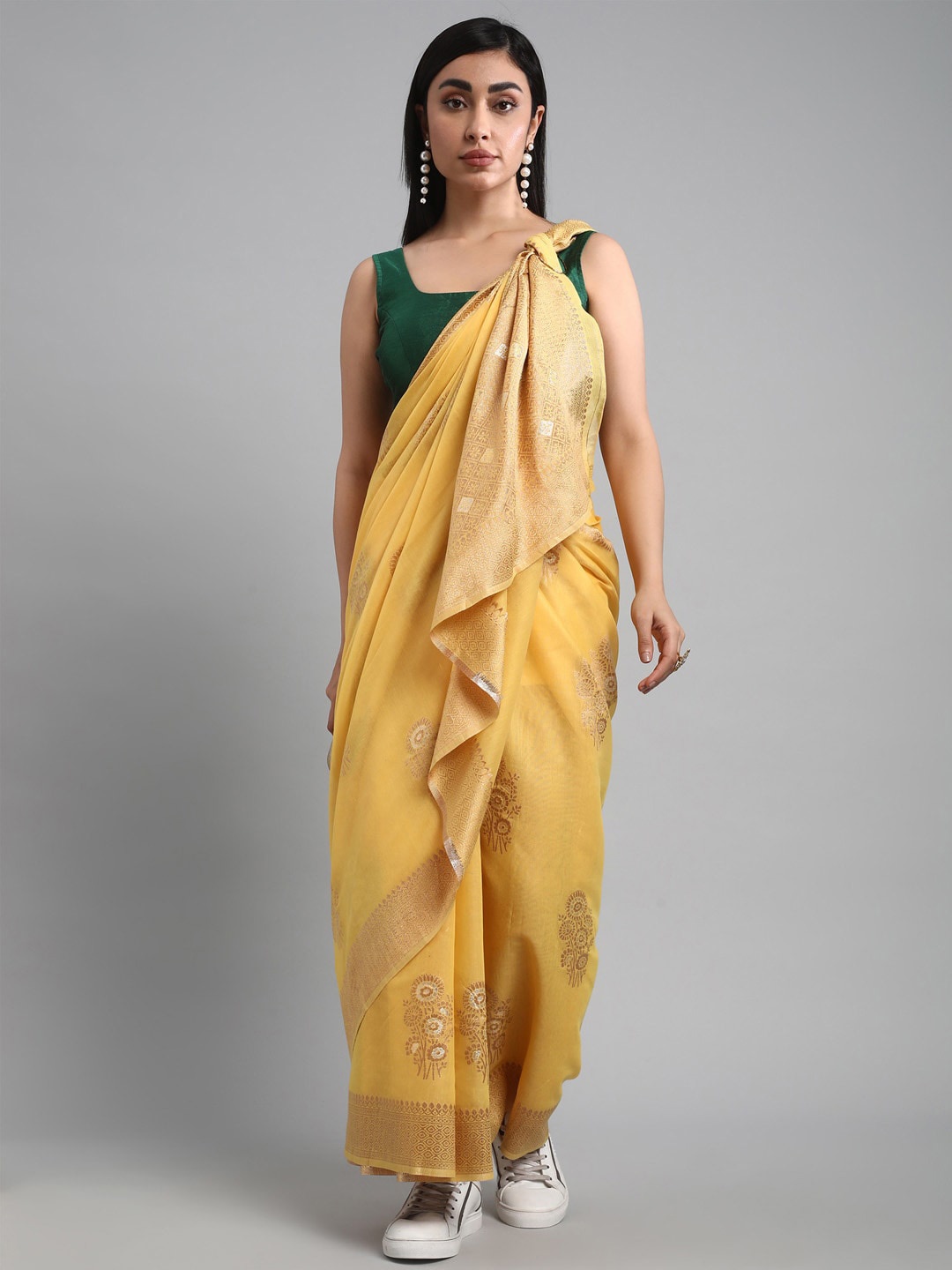 

Mitera Yellow & Gold-Toned Ethnic Motifs Woven Design Zari Banarasi Saree