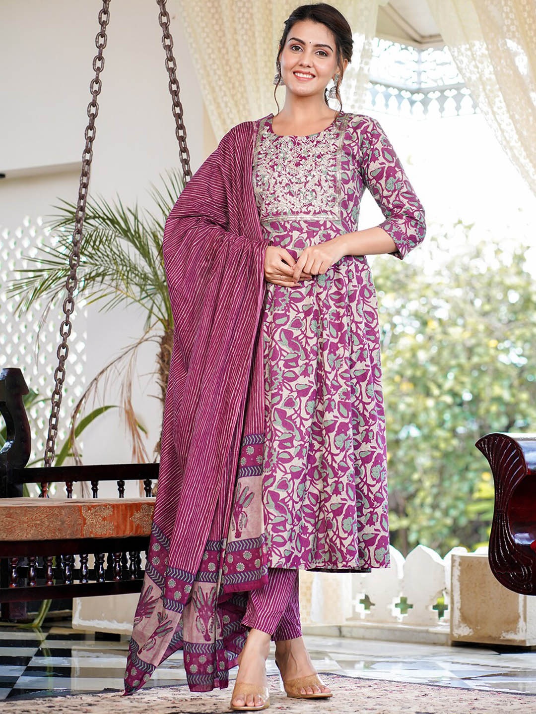 

Yufta Ethnic Motifs Printed Thread Work Pure Cotton Kurta With Trousers & Dupatta, Purple