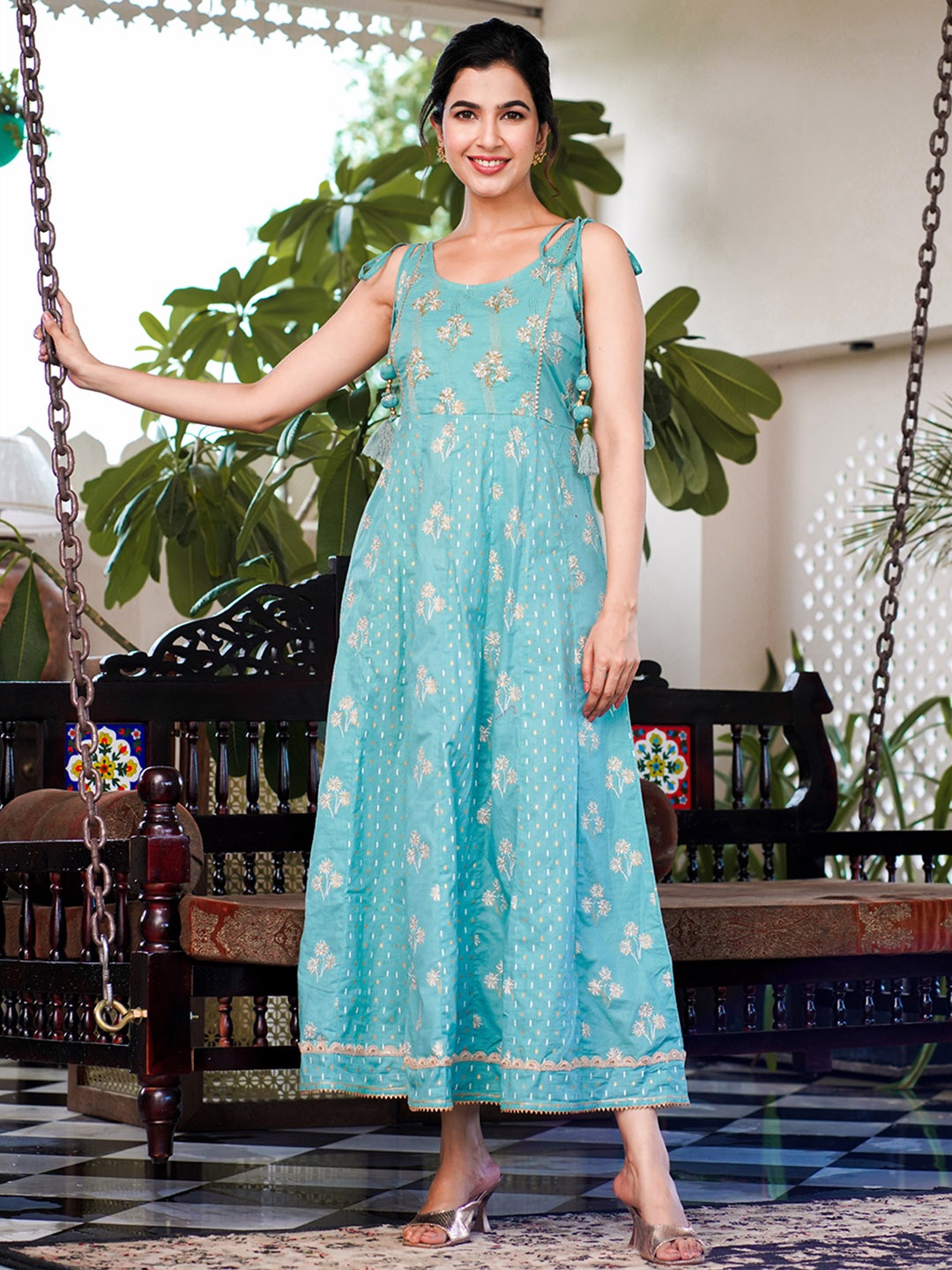 

Yufta Floral Printed Sleeveless Cotton Anarkali Maxi Dress, Sea green