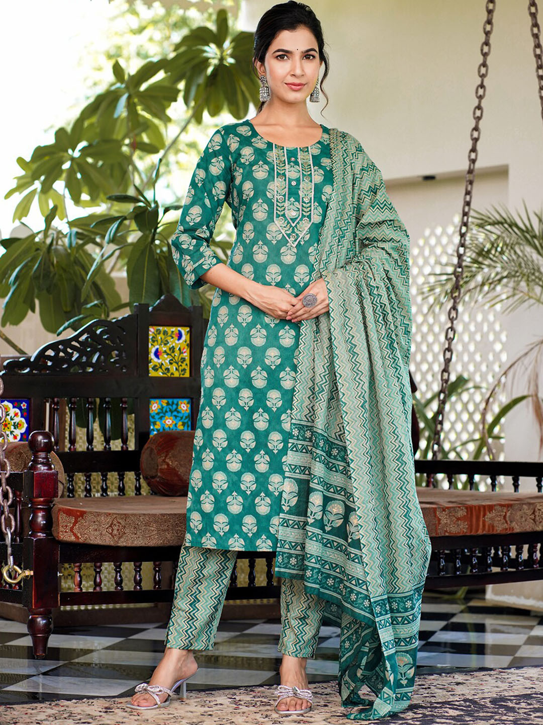 

Yufta Floral Printed Thread Work Pure Cotton Kurta With Trousers & Dupatta, Green