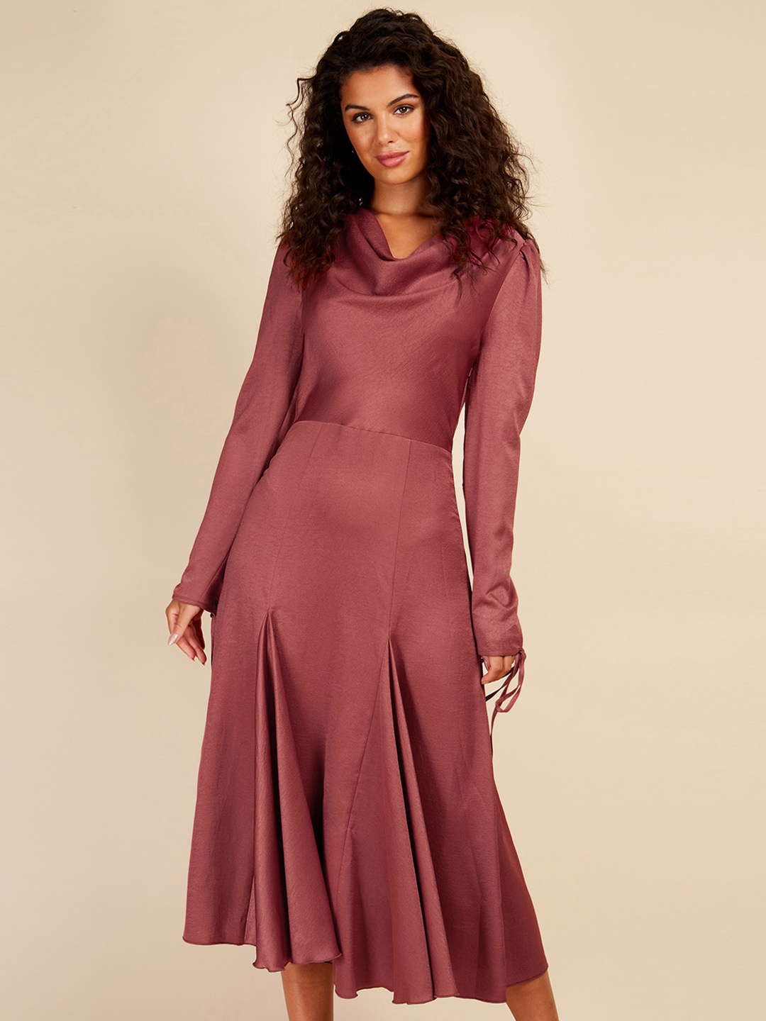 

Little Mistress Cowl Neck Satin Fit & Flare Midi Dress, Rust