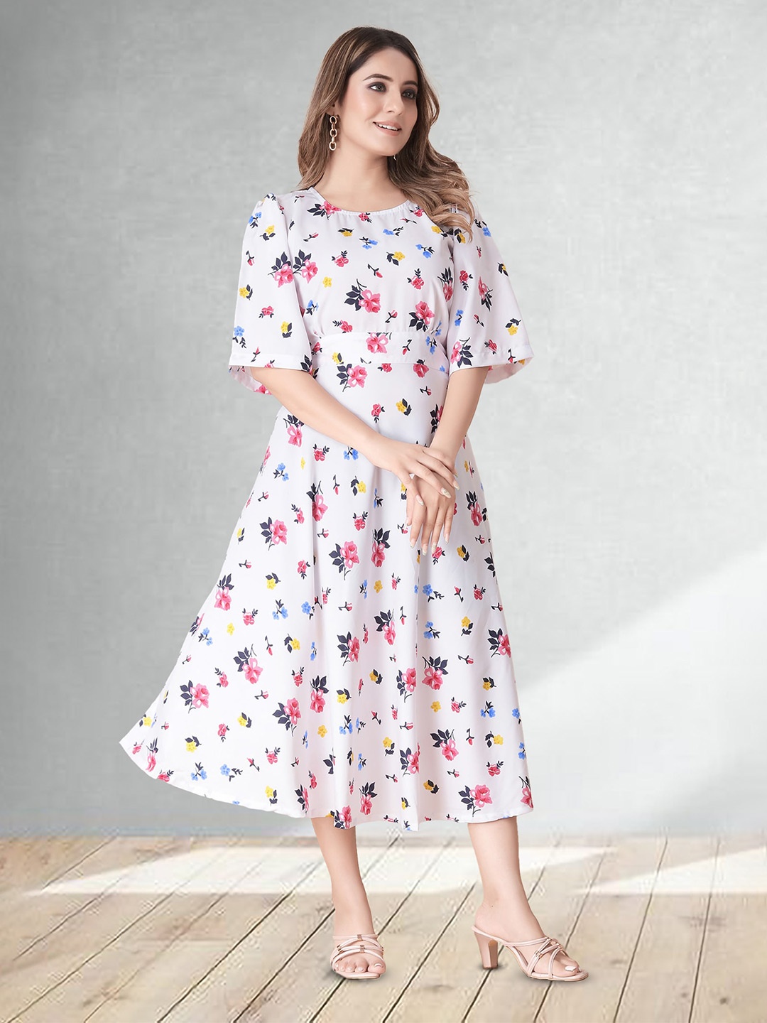 

N N ENTERPRISE Floral Printed Ruffled Fit & Flare Midi Dress, White