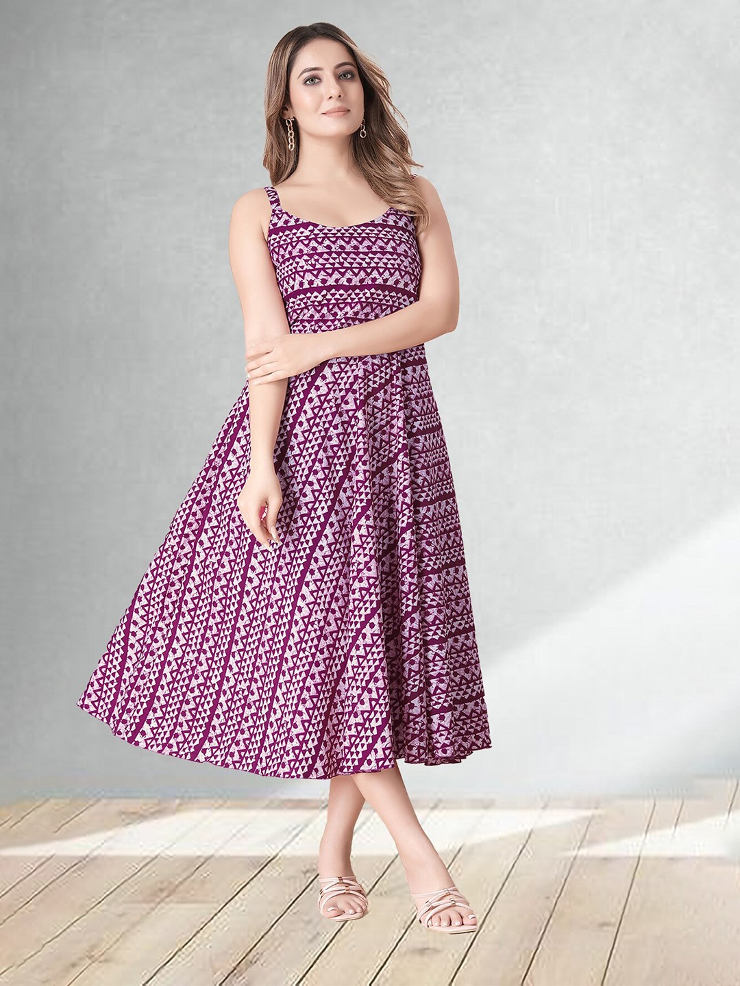 

N N ENTERPRISE Geometric Printed A-Line Midi Dress, Mauve