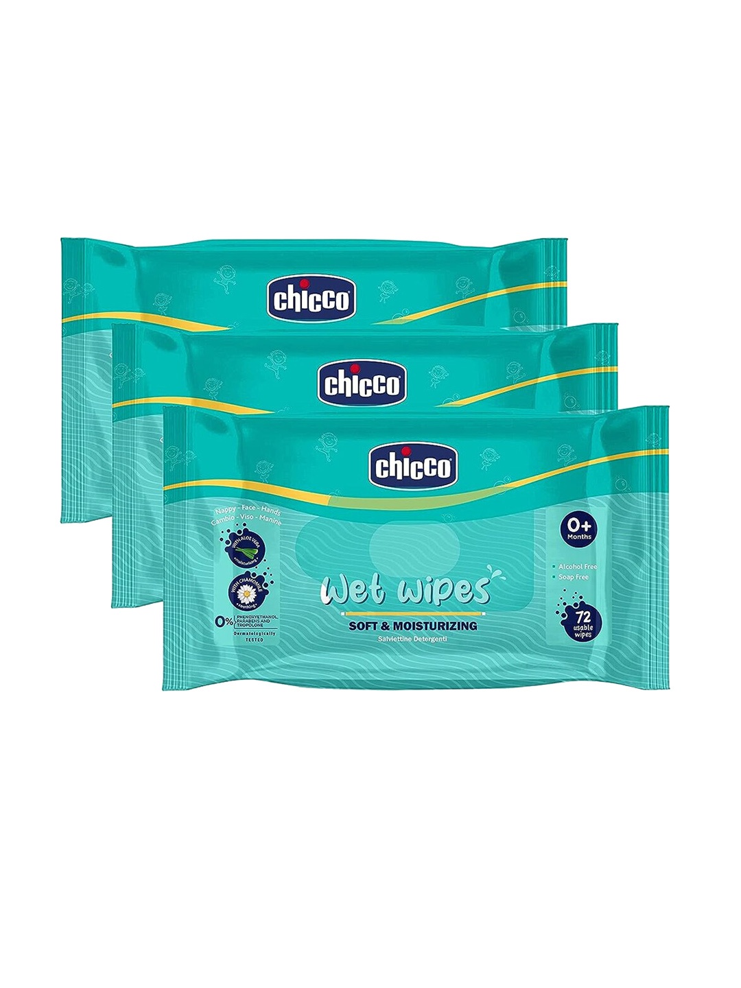 

Chicco Set Of 3 Baby Moments Soft Cleansing Wet Wipes For Nappy Face & Hands-72 Wipes Each, Green