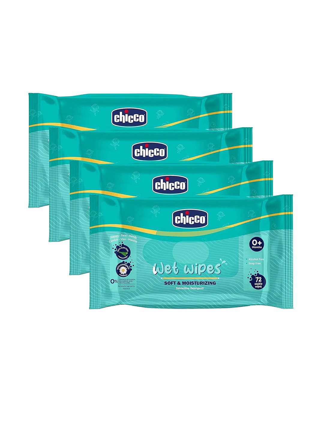 

Chicco Set Of 4 Baby Moments Soft Cleansing Wet Wipes For Nappy Face & Hands-72 Wipes Each, White