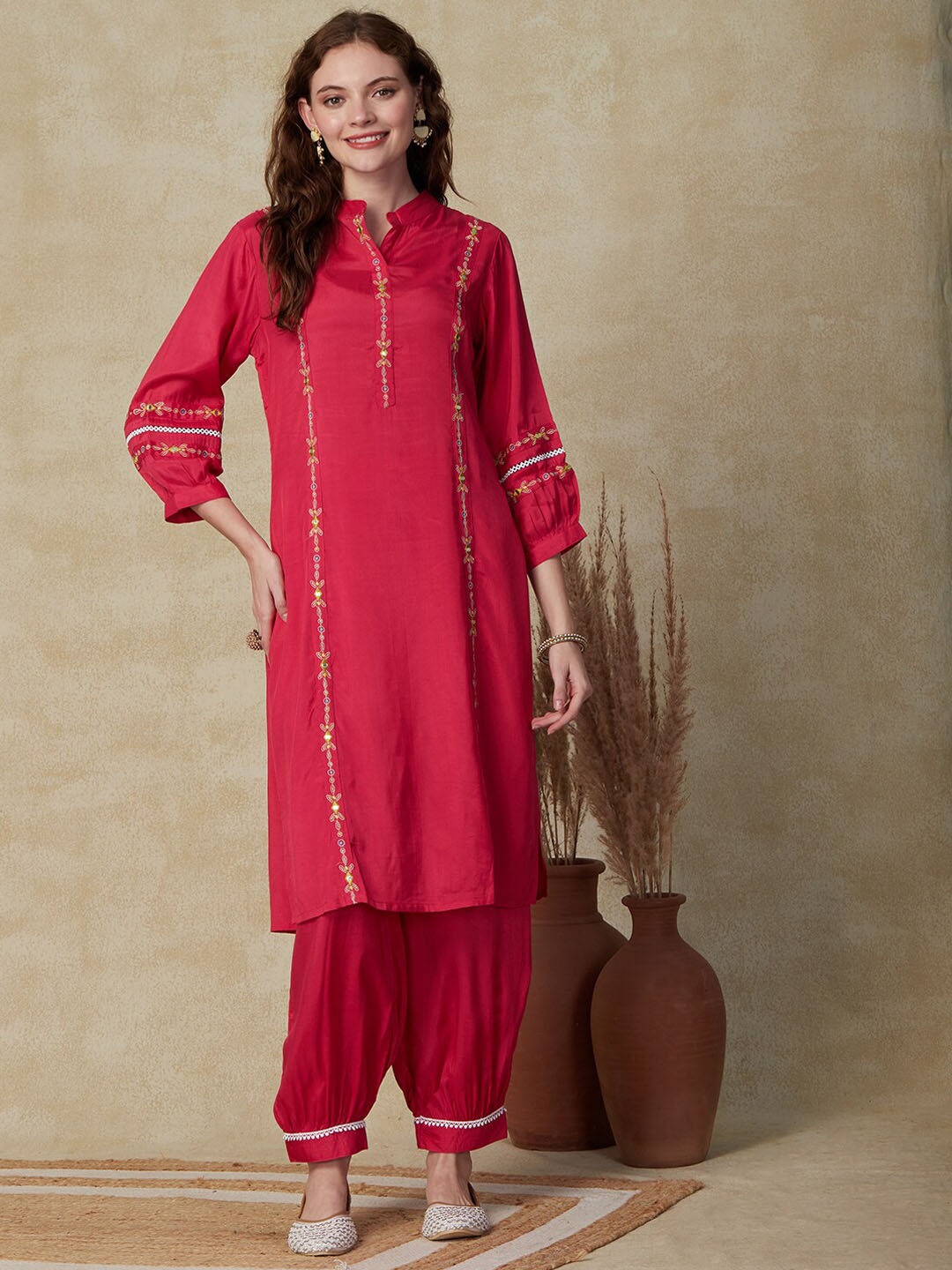 

FASHOR Pink Floral Embroidered Regular Straight Kurta with Salwar