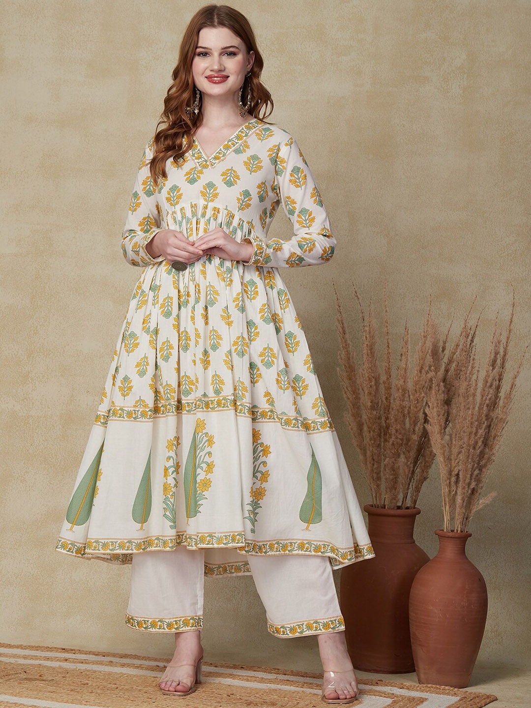 

FASHOR Off White Floral Printed Empire Pure Cotton A-Line Kurta with Trousers