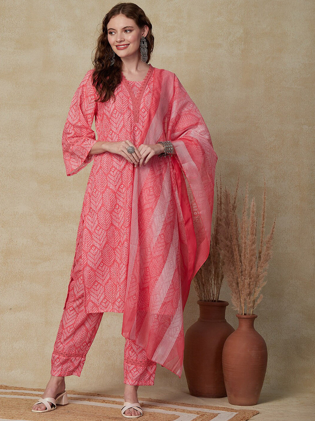 

FASHOR Ethnic Motifs Printed Thread Work Pure Cotton Kurta With Trousers & Dupatta, Pink