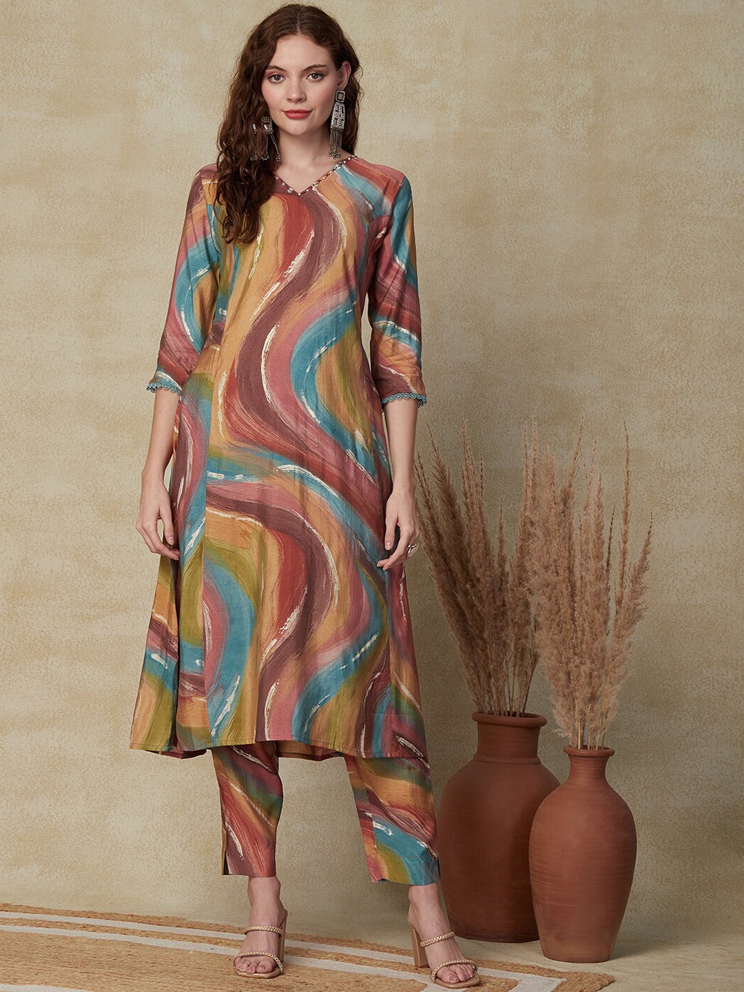 

FASHOR Abstract Printed Beads And Stones A-Line Kurta With Trousers, Red