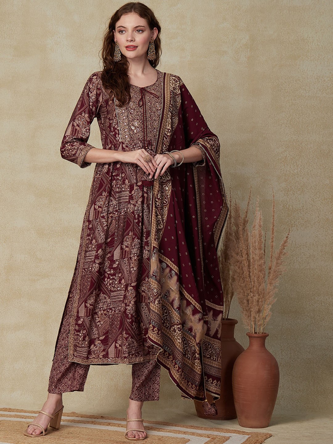 

FASHOR Floral Printed Mirror Work A-Line Kurta With Trousers & Dupatta, Burgundy