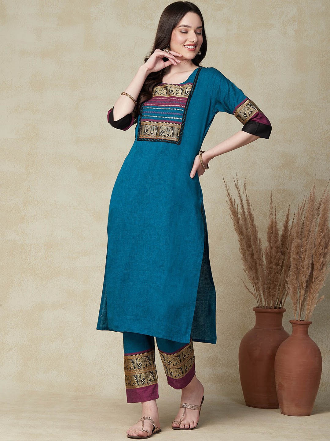 

FASHOR Blue Woven Design Sequinned Kurta with Trousers