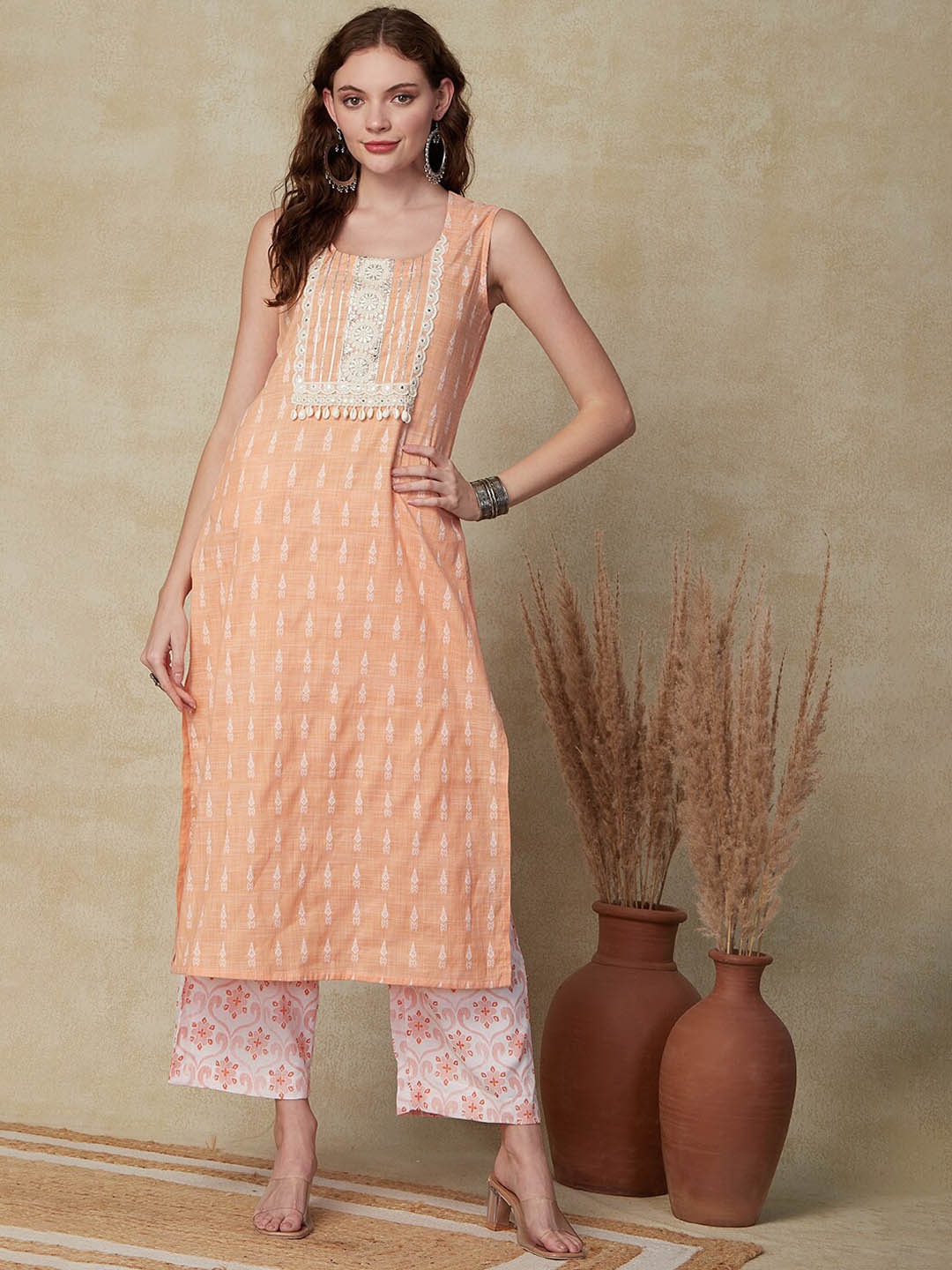 

FASHOR Orange Ethnic Motifs Woven Design Mirror Work Kurta with Palazzos