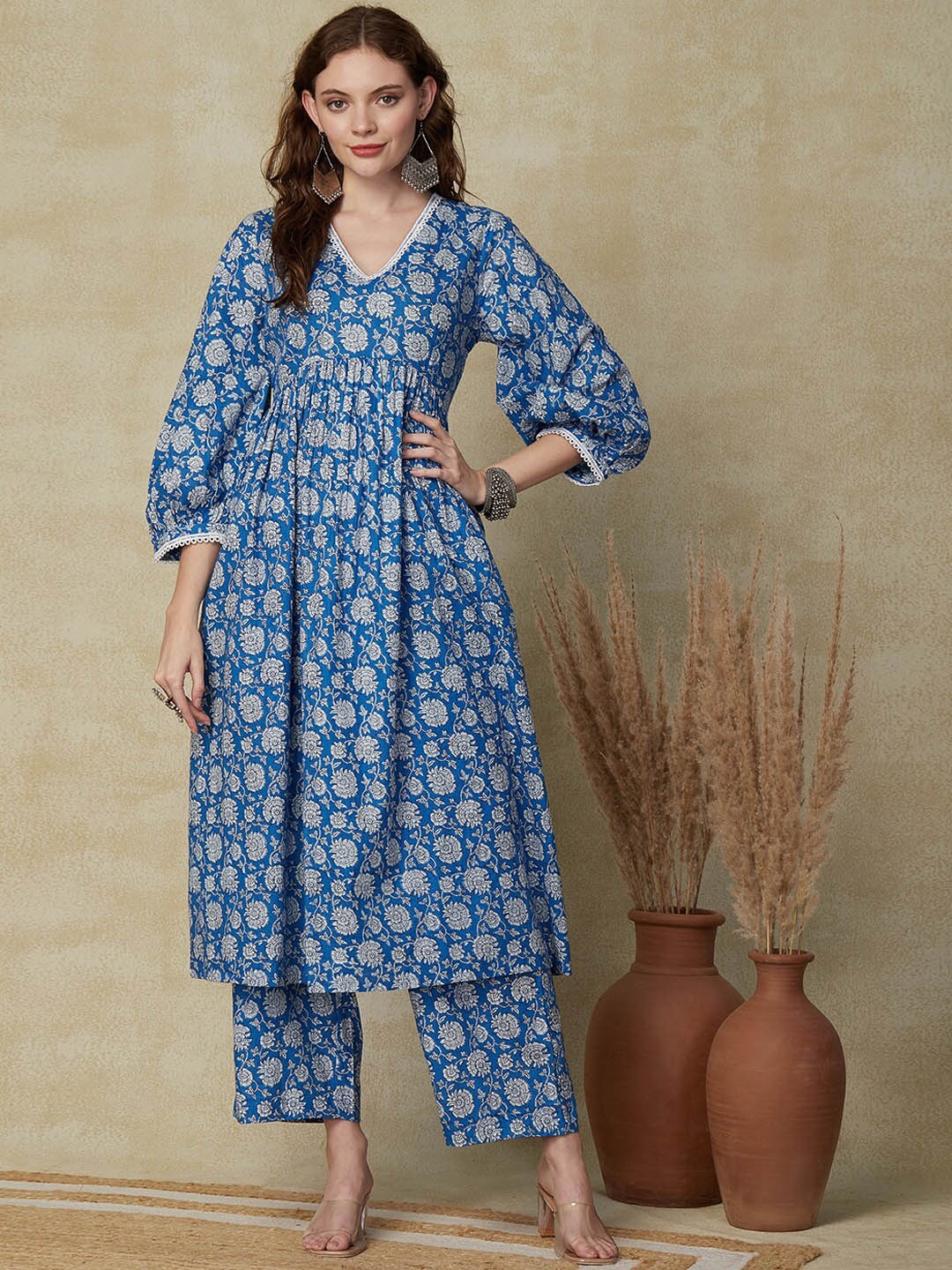 

FASHOR Blue Ethnic Motifs Printed Pleated Pure Cotton Kurta with Palazzos