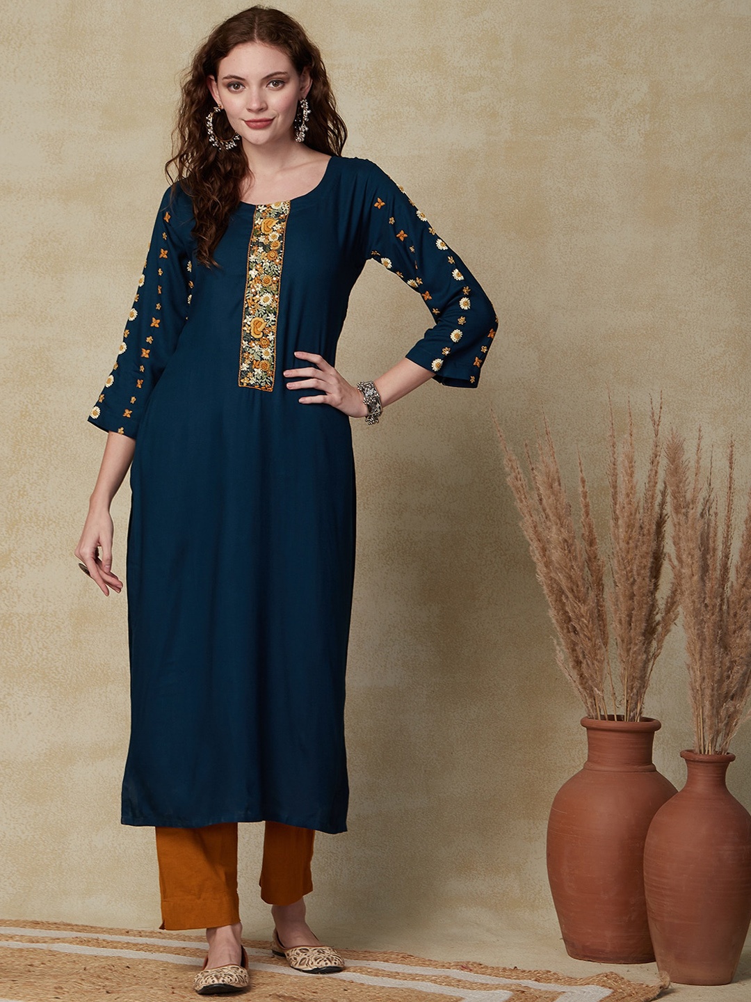 

FASHOR Teal Floral Yoke Design Round Neck Thread Work Straight Kurta
