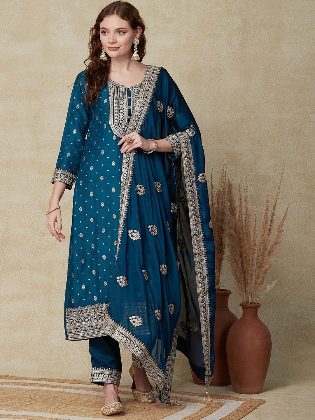 

FASHOR Teal Woven Design Regular Thread Work Kurta with Trousers & Dupatta
