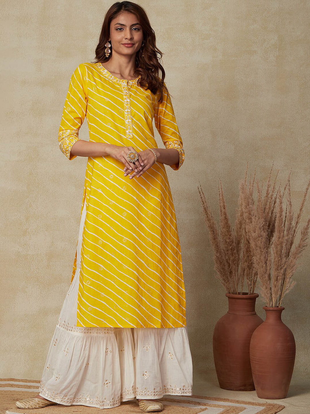

FASHOR Yellow Leheriya Printed Round Neck Thread Work Straight Kurta