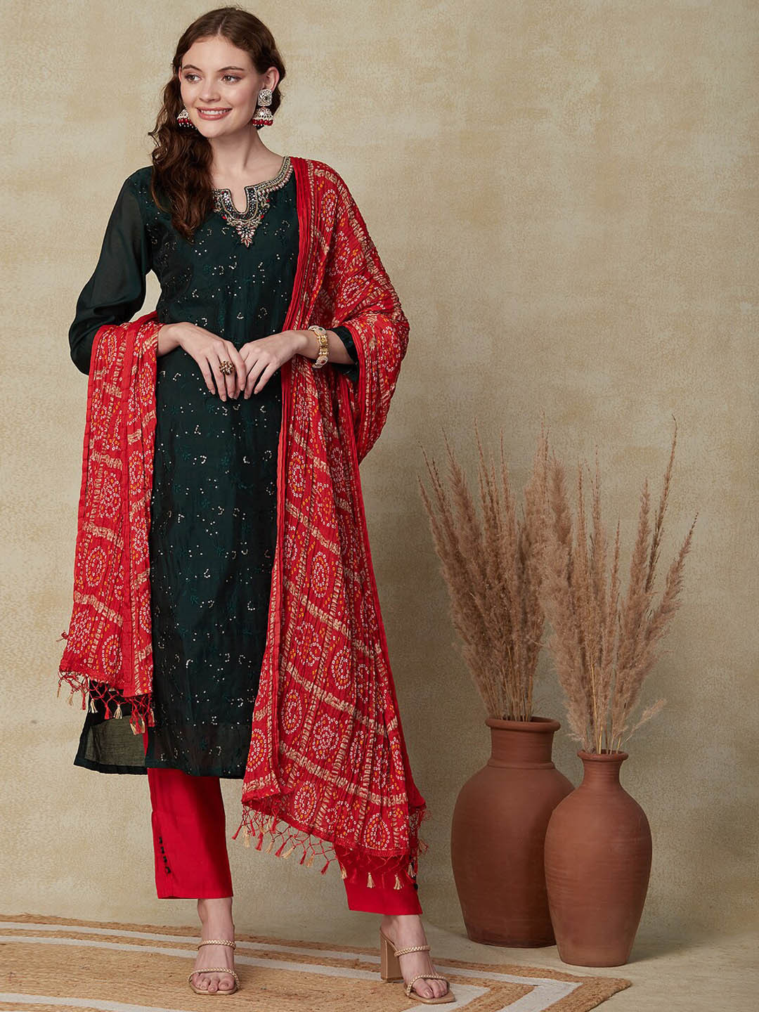 

FASHOR Green Floral Embroidered Sequinned Chanderi Silk Kurta with Trousers & Dupatta