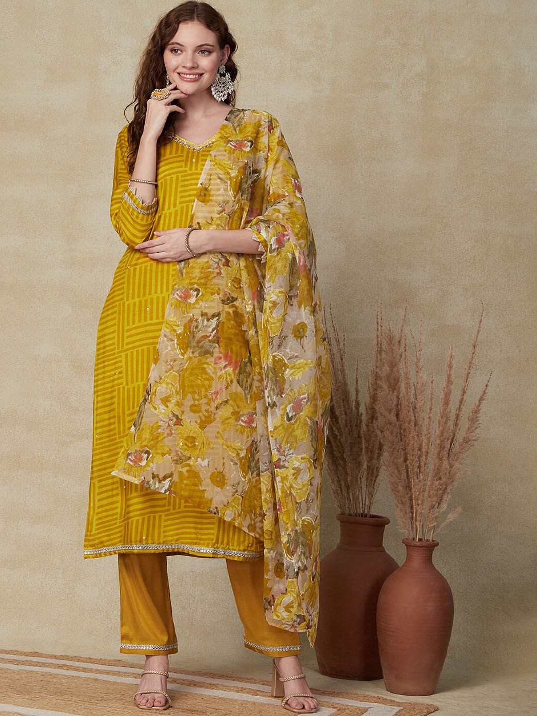 

FASHOR Mustard Yellow Geometric Printed Thread Work Kurta with Trousers & With Dupatta