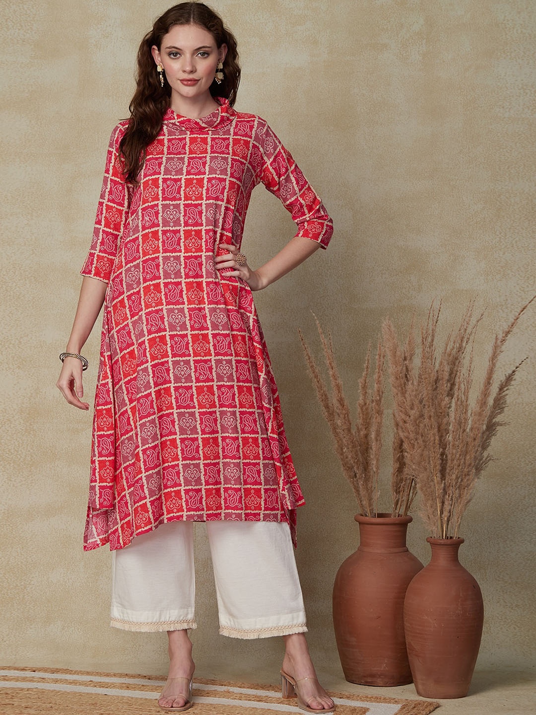 

FASHOR Checks A Line Kurta, Pink
