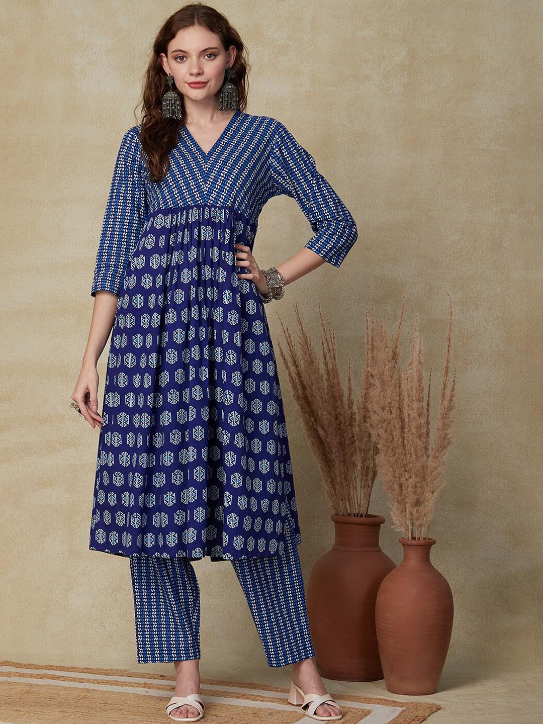 

FASHOR Ethnic Motifs Printed Empire Pure Cotton Kurta with Trousers, Blue