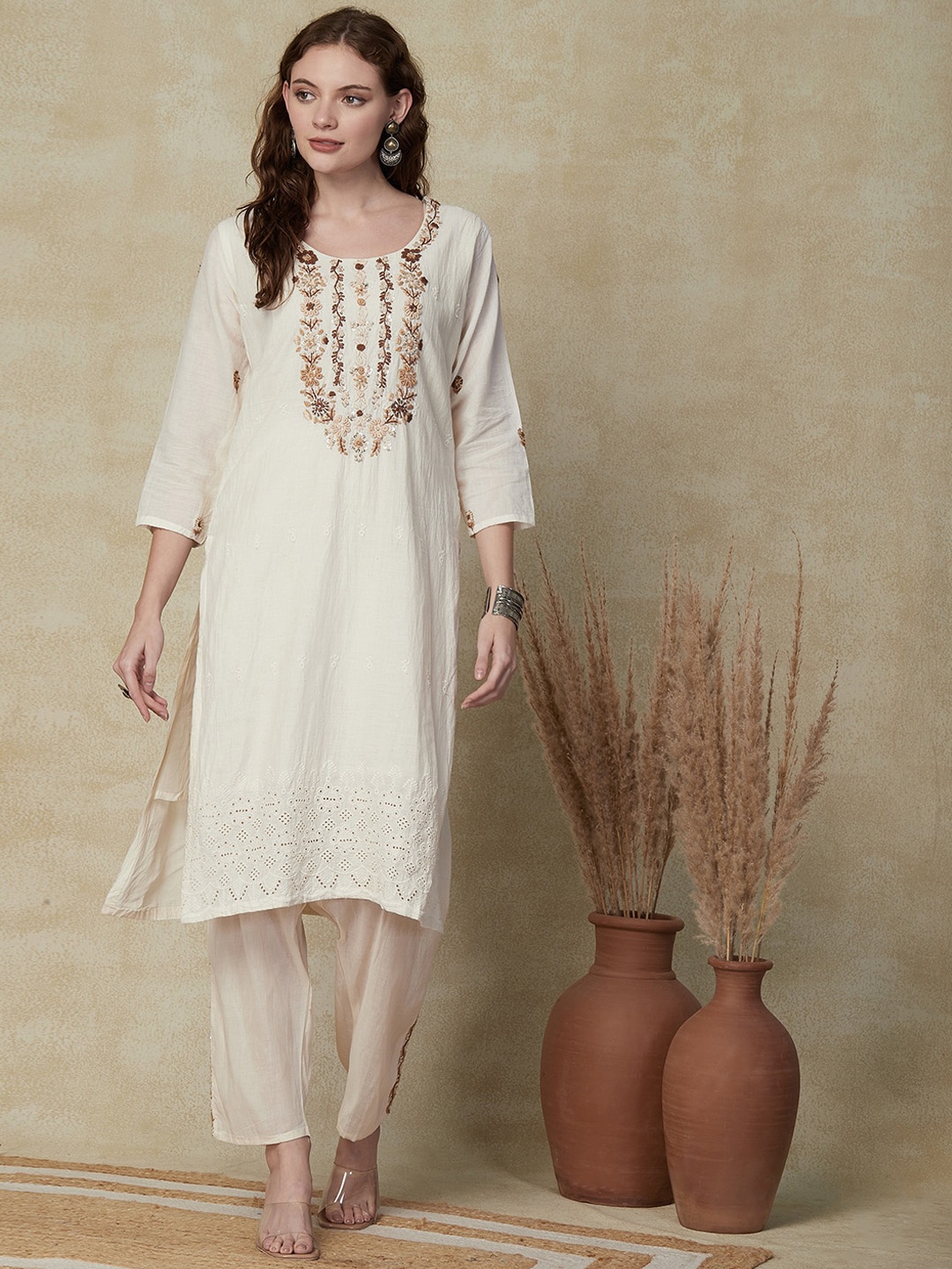 

FASHOR Floral Embroidered Yoke Design Schiffili Work Pure Cotton Kurta with Trousers, Off white
