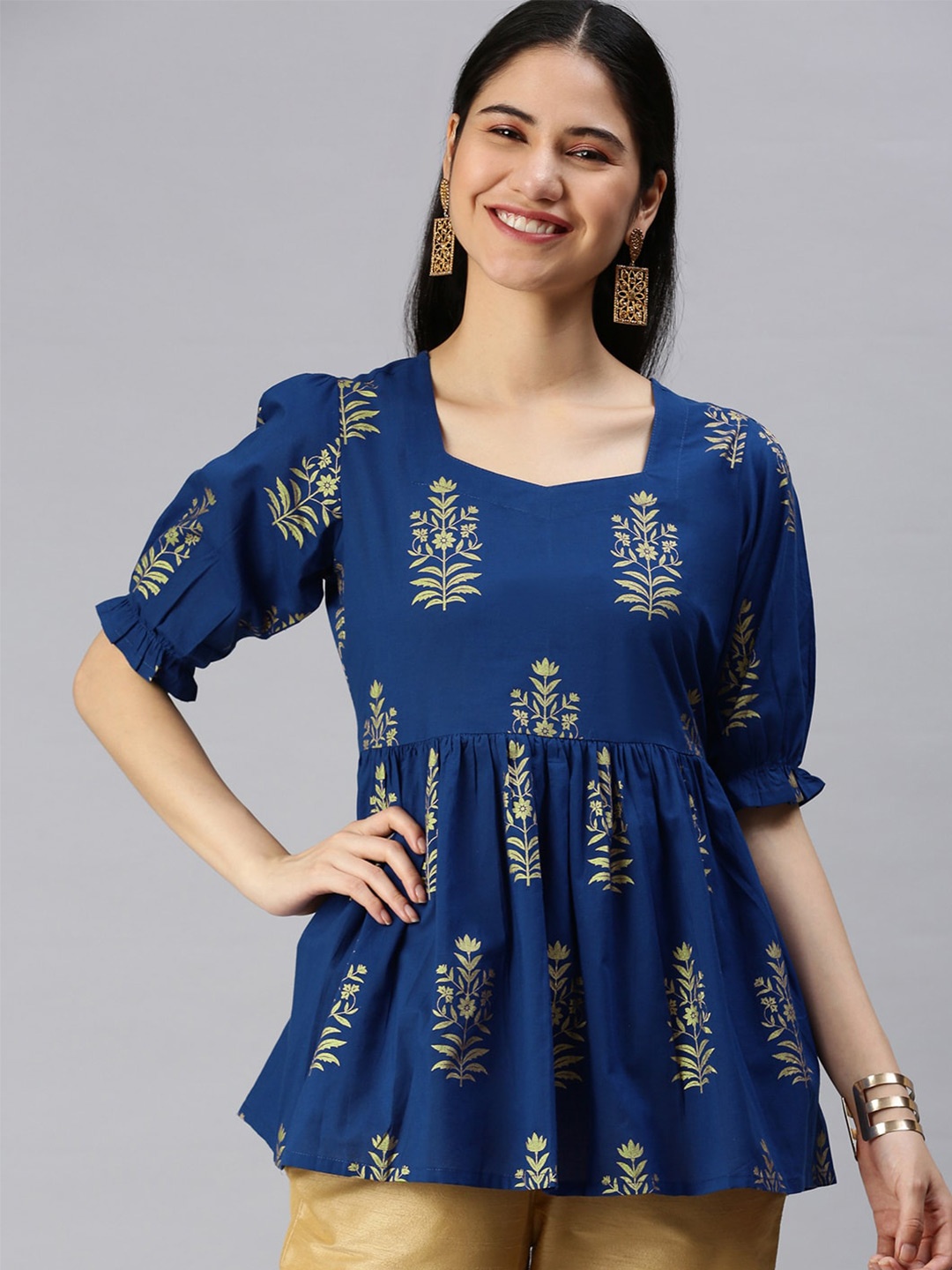 

Maishi Ethnic Motifs Printed Square Neck Pure Cotton Anarkali Kurti, Blue
