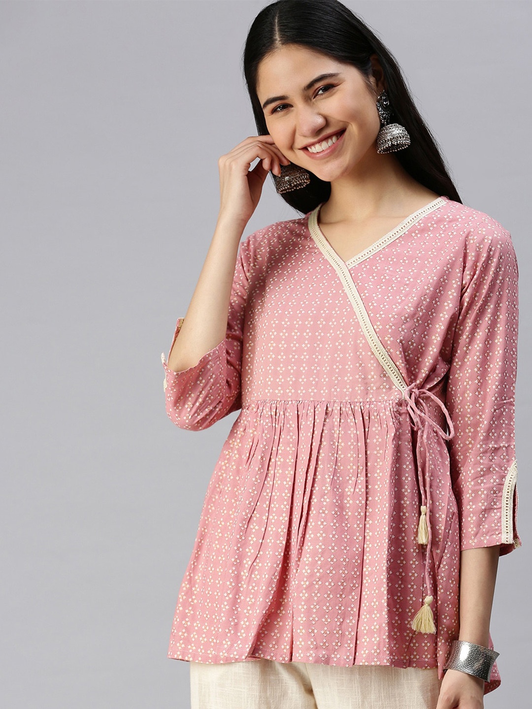 

Maishi Printed V-Neck Anarkali Kurti, Pink