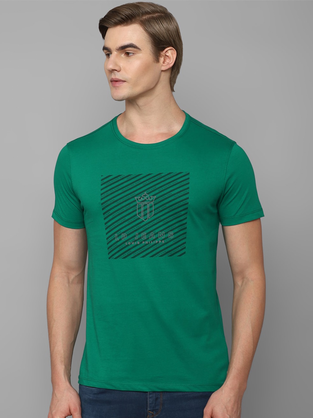 Louis Philippe Jeans Typography Printed Pure Cotton T-shirt, Green
