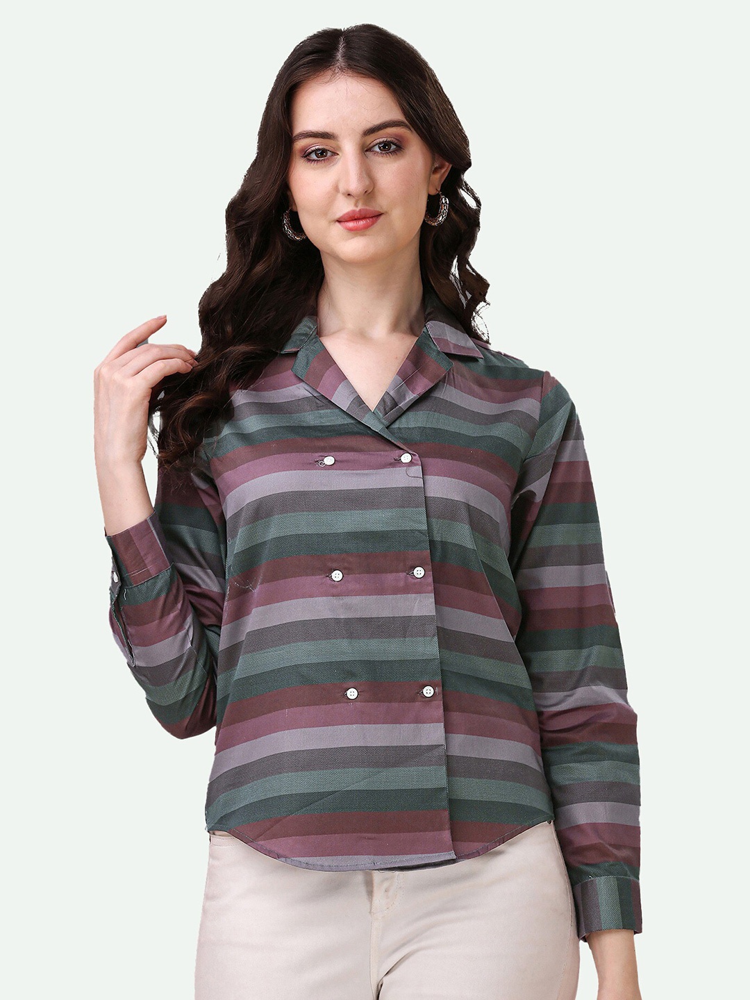 

FRENCH CROWN Standard Horizontal Striped Opaque Cotton Casual Shirt, Green