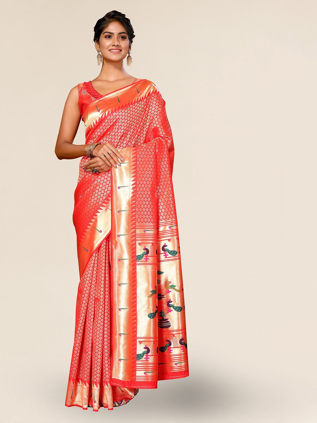 

DIVASTRI Ethnic Motifs Woven Design Zari Silk Blend Paithani Saree, Red