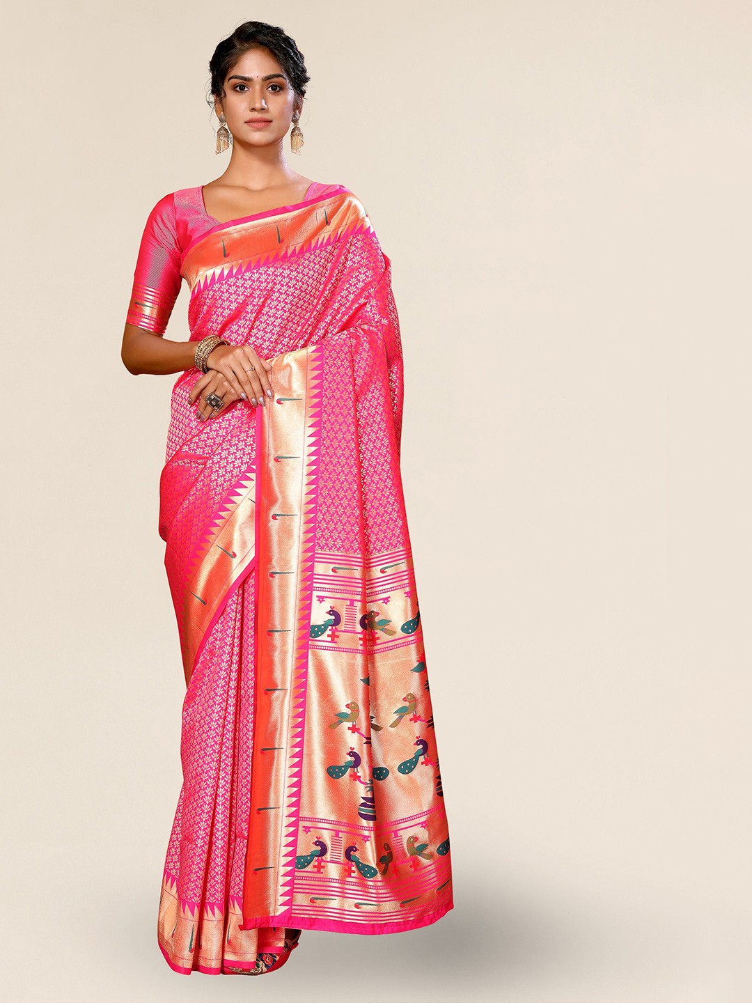 

DIVASTRI Ethnic Motifs Woven Design Zari Paithani Saree, Pink