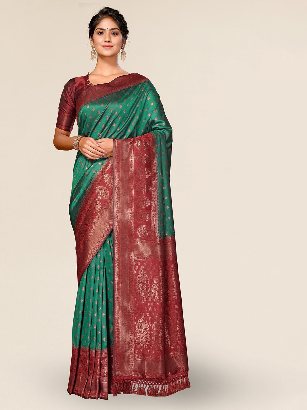 

DIVASTRI Ethnic Motifs Woven Design Zari Silk Blend Banarasi Saree, Green