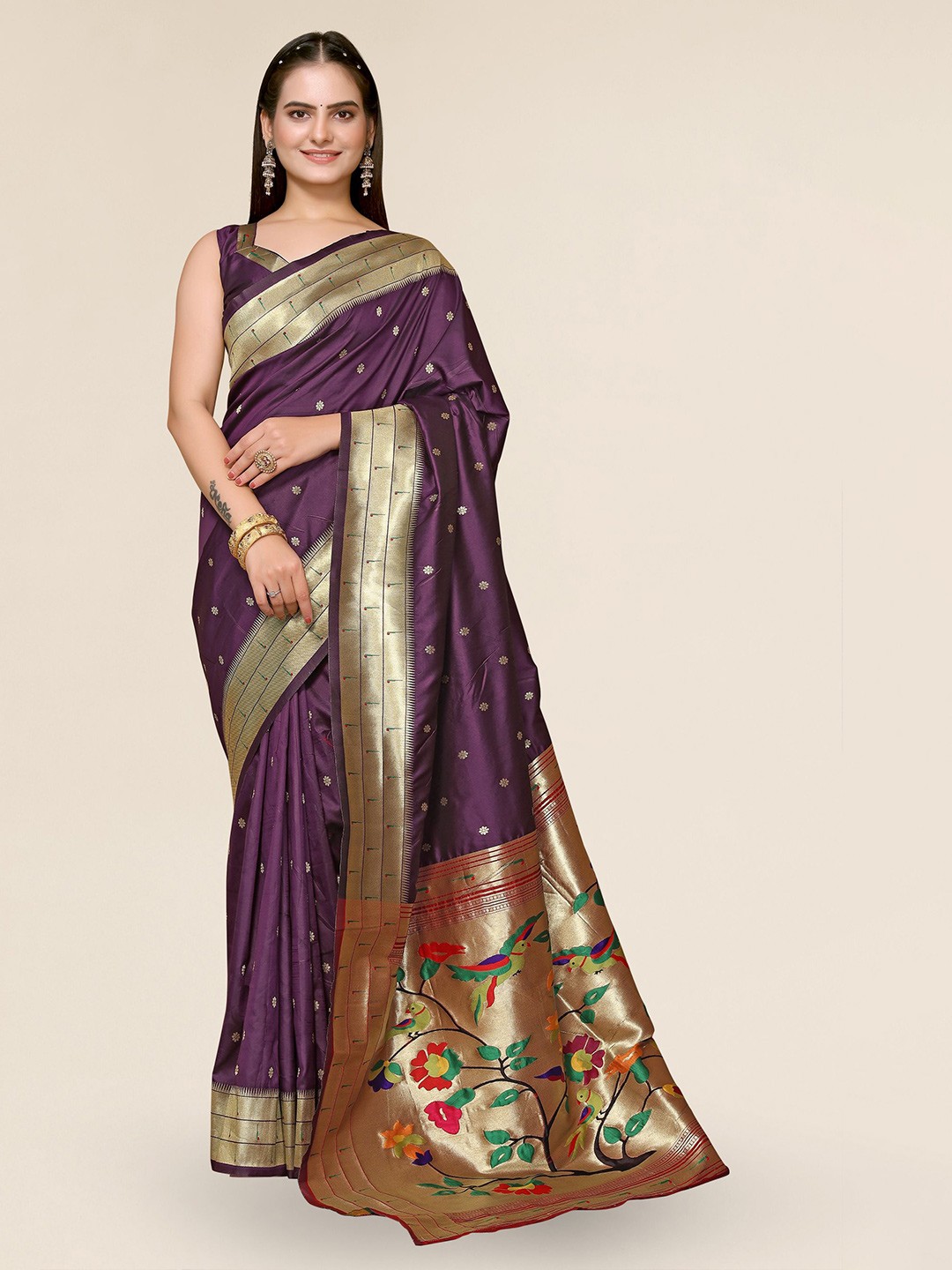 

DIVASTRI Woven Design Zari Silk Blend Paithani Saree, Purple