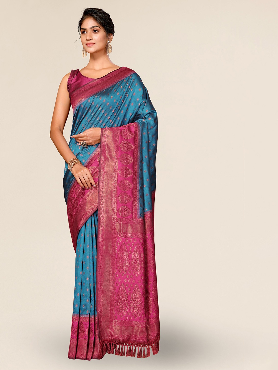 

DIVASTRI Ethnic Motifs Woven Design Zari Banarasi Saree, Blue