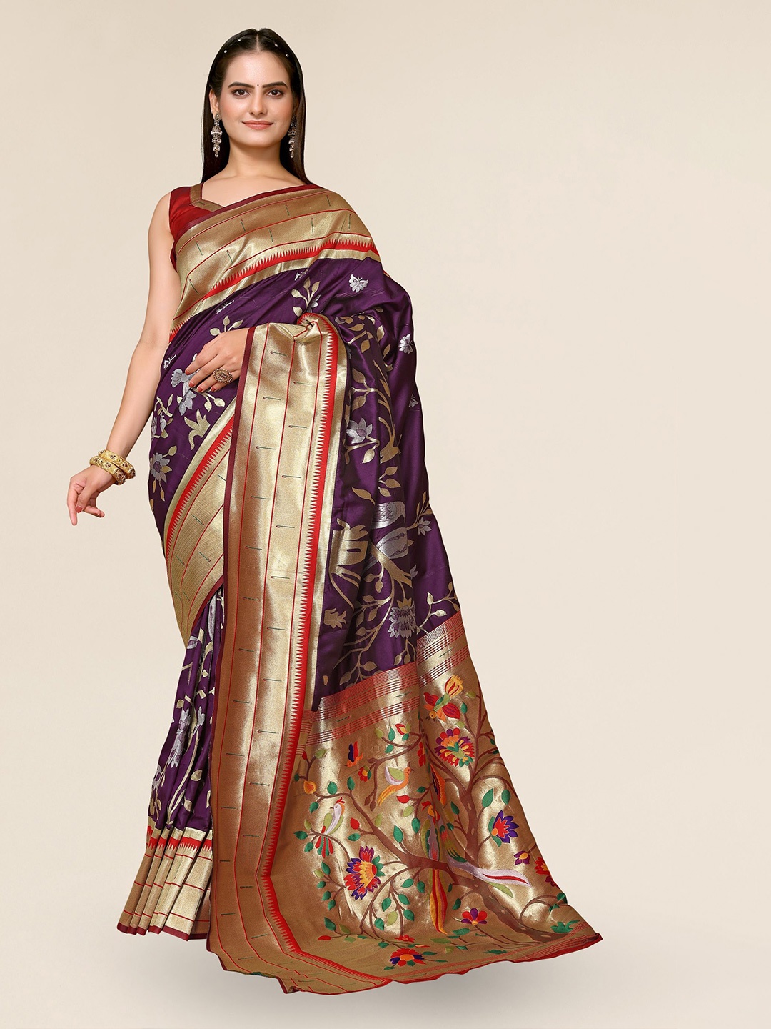 

DIVASTRI Woven Design Zari Silk Blend Paithani Saree, Purple